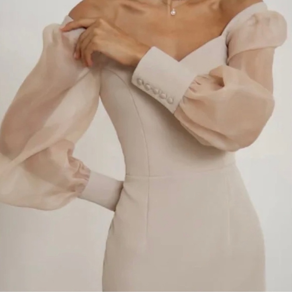Lichi Germany Elegant Off-Shoulder Cream Dress Sheer Puff sleeves